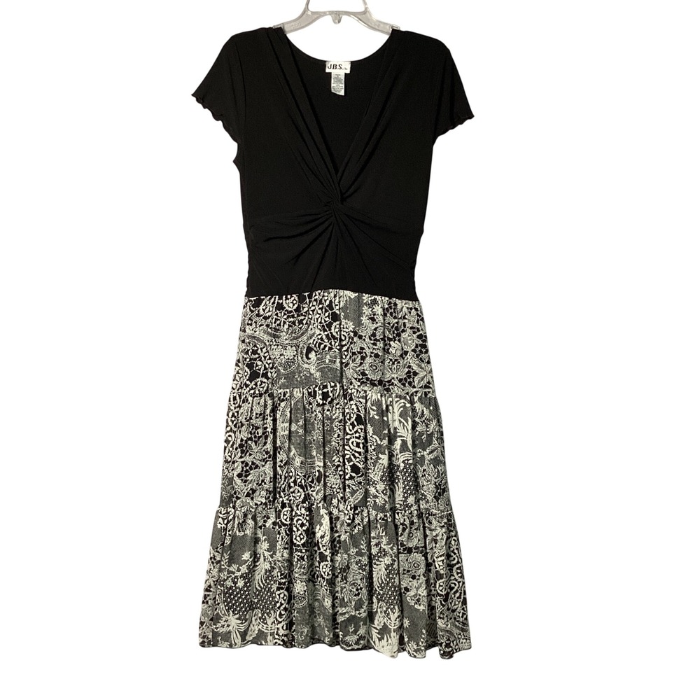 JBS Ltd. Tiered Paisley Midi Dress Womens Size 6 Black White Boho Short Sleeve